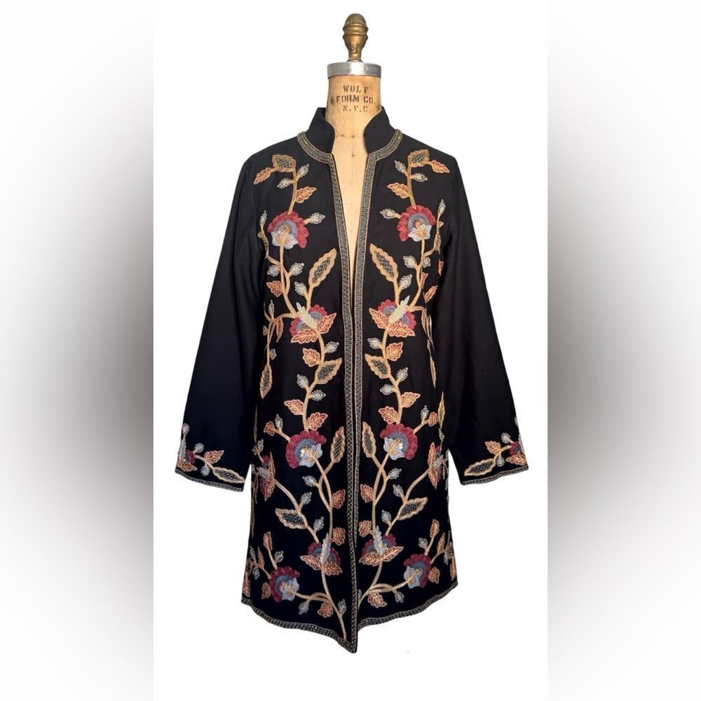 Soft Surroundings Vintage 1970s Hand Embroidered Black Tunic Boho Style Coat XS
